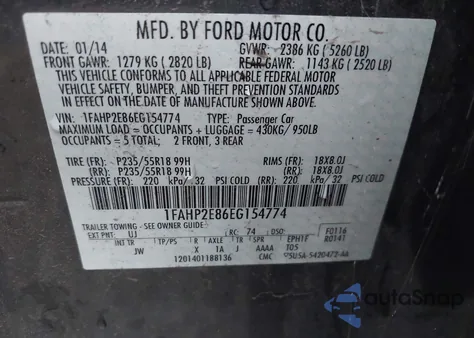 2014 Ford Taurus Sel z USA, uszkodzony, nr VIN 1FAHP2E86EG154774